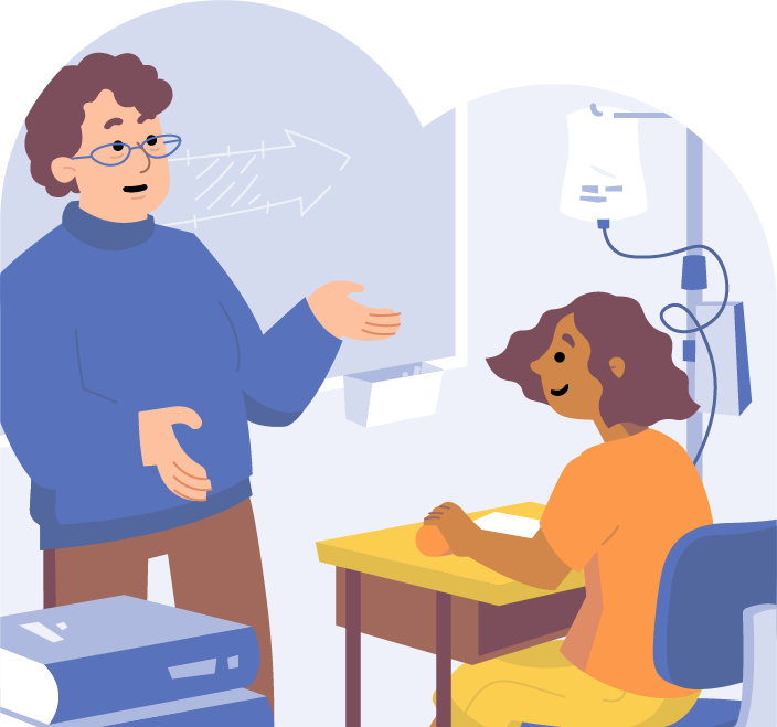Professeur qui donne cours à une enfant malade à l'hôpital